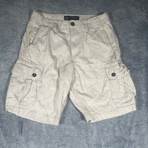 American Eagle Mens 31 Classic Cargo Shorts Tan Tropical Leaf Print Cotton Twill